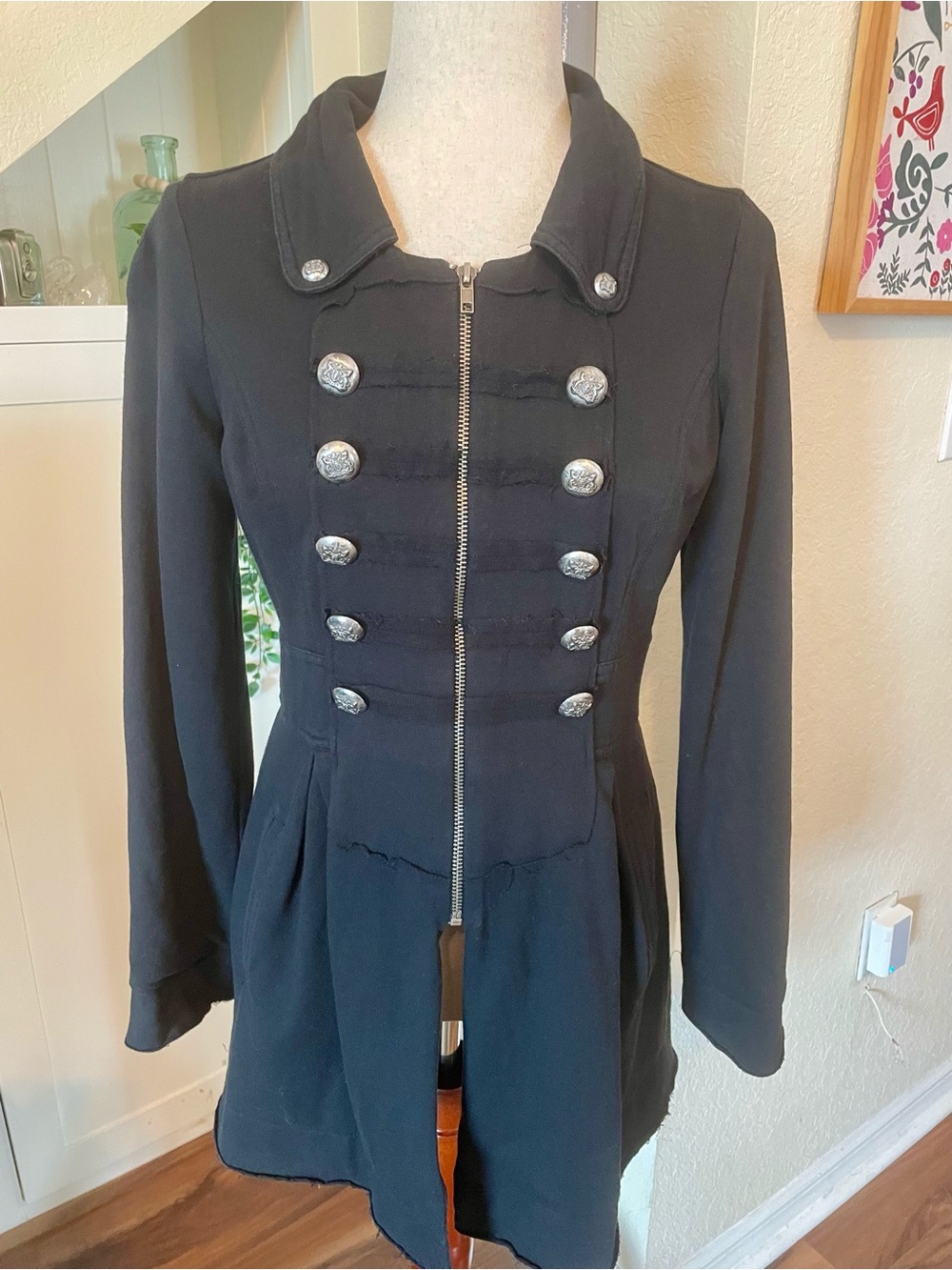 IVY JANE | Black Raw Edge Military Parade Coat Jacket Zipper Silver Buttons | S